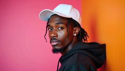 Young Black man wearing white cap black hoodie stands against pink orange wall. Serious intense gaze looking off camera with braids and earring. Fashion style portrait.