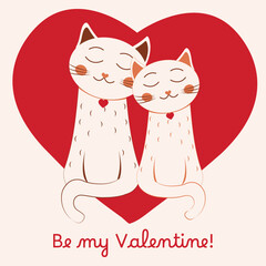 Valentine's card with a red heart and cute cats couple