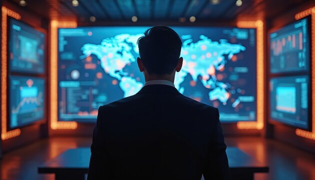A man in a suit stands in front of a giant screen. The screen shows a world map and other data. The setting looks like a high tech control room or news studio. - Powered by Adobe