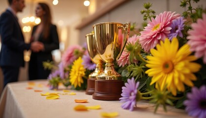 Gold trophies stand on a table adorned with colorful flowers. People in suits in the background at an event. Celebration decor includes floral arrangements and award cups. Festive atmosphere.