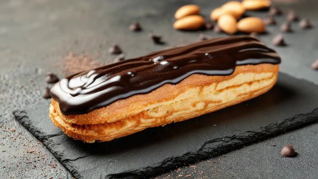 Chocolate-covered eclair on black slate with almonds and chocolate chips