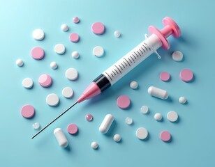 3D icon of pink syringe and white, pink pills on blue background. Medical supplies for treatment, vaccination, and medication. Syringe with needle and various pills for healthcare and nursing.
