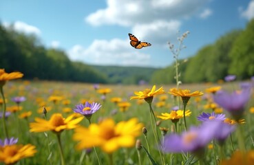 Orange butterfly flies above colourful wildflowers in open field. Yellow and purple flowers are in bloom. Butterfly is in flight. Green trees surround the meadow. Clouds are in blue sky.