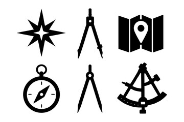 Navigation tools: compass, map, sextant, and dividers icons set.