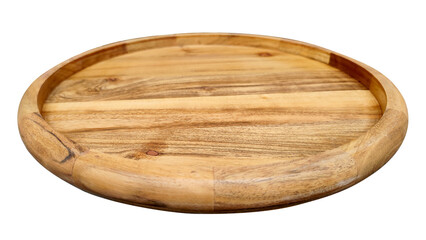 Wooden round plate on a white background, food tray, empty plate