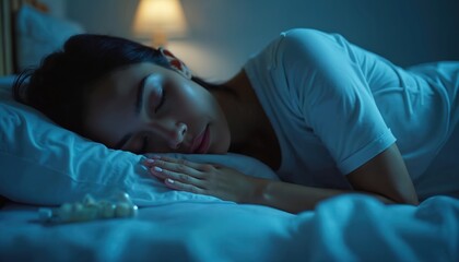 Young woman sleeps peacefully in dark bedroom. Melatonin tablets sit on pillow near her head, suggesting sleep aid for insomnia. Peaceful slumber at night.