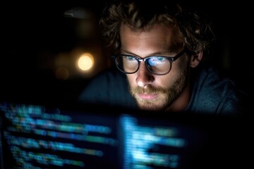 Intense gaze of a coder with glasses, illuminated by the glow of a screen displaying intricate code, warm lighting enhancing the digital workspace's modern feel