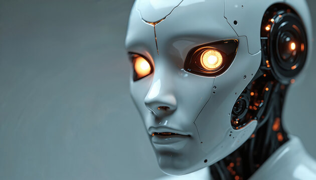 Close-up of futuristic humanoid robot face with glowing orange eyes and metallic accents. Sleek white android head shows internal mechanics, wires, and advanced AI. - Powered by Adobe