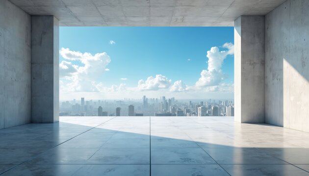 Empty concrete platform looks over modern urban city skyline on sunny day. Minimalist room with big opening offers expansive view of skyscrapers, blue sky with white clouds. Blank space great for