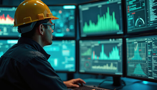Industrial engineer controls tech system in command center. Man wears safety helmet monitors data on multiple computer screens. Worker uses computer keyboard in workplace with advanced equipment. - Powered by Adobe