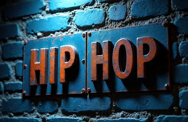 Rusty metal letters spell HIP HOP on dark blue grunge brick wall. Urban street art sign gives old school, industrial feel. Represents vibrant music style, city culture, rap beats, underground scenes.