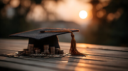 A graduation cap with a tassel rests next to a pile of coins as the sun sets, symbolizing achievement and financial investment in education