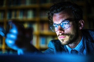 Mature professional in a stylish office, soft ambient lighting, presenting online with gestures, laptop open, framed by bookshelves, atmosphere of collaboration and learning