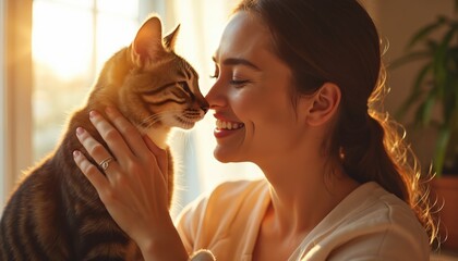 Happy woman enjoys tender moment with pet cat at home. Female strokes, touches kitten, expressing affection love. Animal domestic relationship. Indoor portrait with natural light. Comfort mood