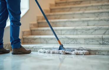 Person in blue pants cleans shiny marble stairs with mop. Professional cleaner maintains polished stone floor, making interior sparkle and gleam. Building hygiene and upkeep.