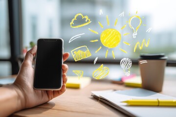 A hand gripping a smartphone with whimsical hand-drawn media symbols emerging around it, bright natural light filtering through, minimalistic desk setting, energetic and playful atmosphere