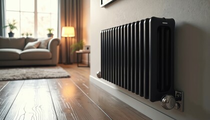 Modern black radiator attached to wall in bright living room. Sunlight streams through window onto sofa and wooden floor. Cozy home interior with stylish heating element.