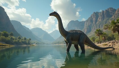 Fototapeta premium A long necked dinosaur stands in a calm lake in front of mountains. Palm trees grow on the shore. Paleontology and prehistoric animal concept. Illustration of a Brachiosaurus.