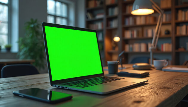 Laptop shows green screen display on wooden desk in workplace. Phone lies near computer. Cozy home office with books, lamp, coffee. Mockup template for marketing advertising projects. Workspace