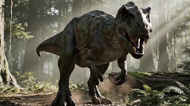 Majestic Tyrannosaurus Rex prowling through a misty prehistoric forest