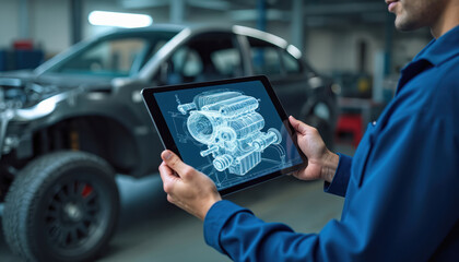 Mechanic examines engine blueprint on tablet in auto repair shop. Technician uses digital tech to diagnose car problems and do maintenance. Modern car service with 3D model