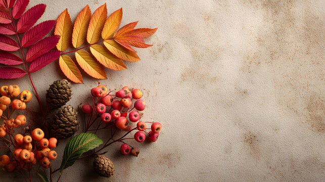 Frame of colorful red and yellow autumn leaves with cones and rowan berries on trendy beige background. First day of school, back to school, fall concept - Powered by Adobe