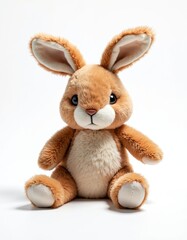 Fototapeta premium Cute brown plush bunny doll sits on white backdrop. Soft fluffy toy with big ears, small nose, and round eyes. Ideal for kids gift, Easter theme, or nursery decor.