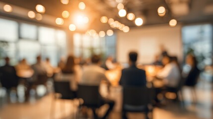 Conference room during business meeting with warm ambient lighting