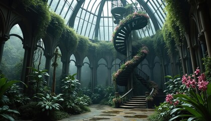 Inside grand gothic greenhouse, rich green plants grow abundantly. Spiral staircase covered with pink flowers winds up. Archways, stone columns create ancient, botanical garden atmosphere. Natural