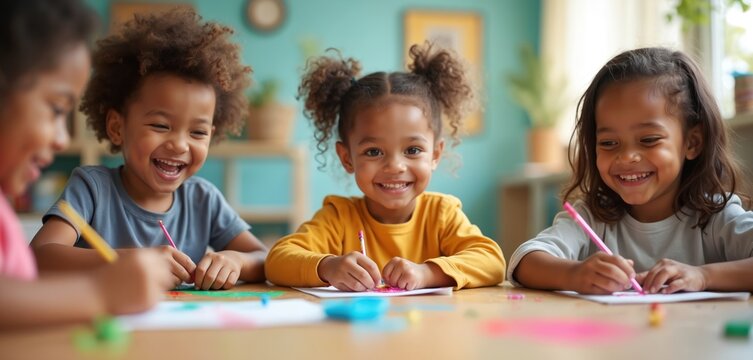 Group of diverse kids sitting at table, drawing with colored pencils, smiling. Children engaged in art activity together in classroom. Happy kids doing arts and crafts at day care center.