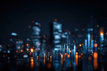 Ethereal glowing big data chart merging with a hazy cityscape, illuminated by cool blue and warm orange tones, conveying a mood of technological advancement and financial exploration