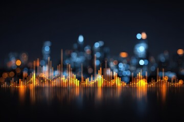 Ethereal glowing big data chart merging with a hazy cityscape, illuminated by cool blue and warm orange tones, conveying a mood of technological advancement and financial exploration