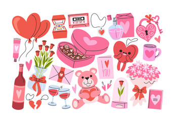 Valentine day gifts hand drawn style set with cute romantic elements and accessories for engagement