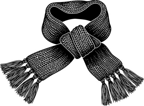 Black and white silhouette drawing of a knotted winter scarf with tassels