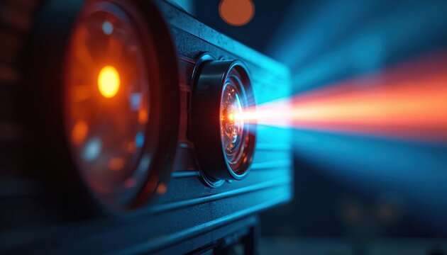 Close up photo of operating projector. Bright light beams from the lens. Tech device creates vivid projection. Artistic shot captures light performance in action