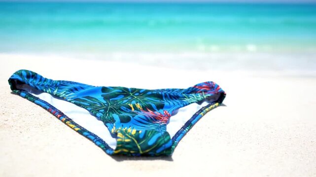 Tropical pattern bikini bottom on white sand beach, turquoise ocean background