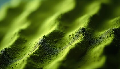 Close up shows bright green matcha powder texture. Tea grainy substance looks like hill surface. Matcha is a trendy ingredient for diet and skin care product.
