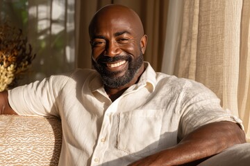 Modern home setting with gentle sunlight filtering through curtains. Mid-adult man in casual wear sits on a comfortable sofa, radiating joy and contentment while looking directly at the camera
