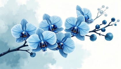 Naklejka premium Delicate blue orchids bloom on dark branch with berries. Soft watercolor art on cloudy teal background. Ideal for wedding cards invites spring decor.