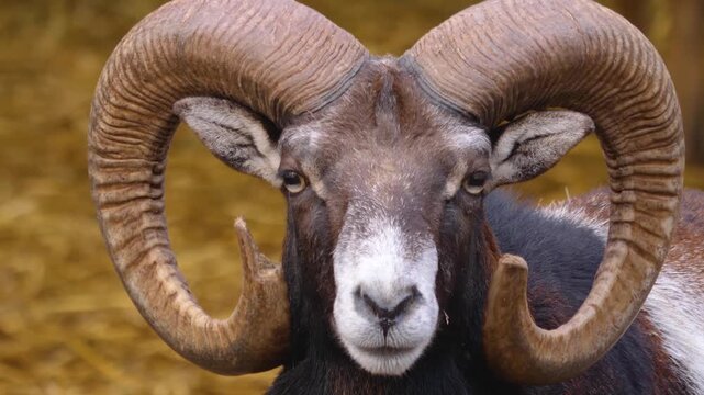 Close up of male Mouflon, ram buck head with large horns looking around on a cloudy autumn day