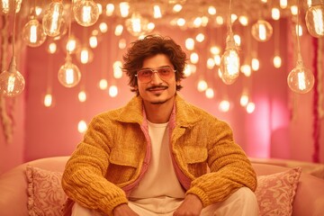 Cozy interior with warm ambient lighting. Cheerful Indian man lounges comfortably on a stylish couch, exuding happiness and confidence as he gazes at the viewer