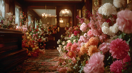 Flowers decorate a solemn space in a funeral home during a farewell service