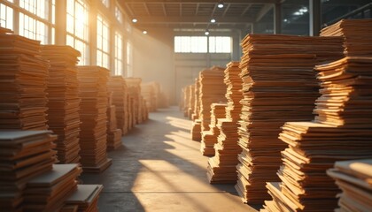 Huge piles of paper documents stack high in large industrial warehouse. Sunlight shines through tall windows, illuminating dusty rows. Vast archive stores important records, info, business data. Many