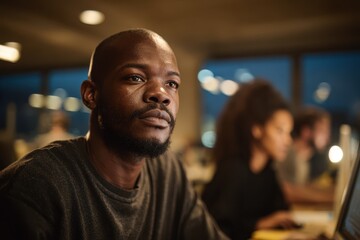 A focused man in a contemporary home office, with soft ambient light, discussing with diverse colleagues on a computer screen, showcasing teamwork and remote connectivity