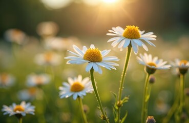 Close up photo of white daisy flowers. Sunlight shines on petals and yellow centers. Floral composition in a green background. Botanical detail shows nature beauty.
