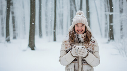 Happy woman enjoying peaceful snowfall in serene forest with warm winter outfit and cozy mug in tranquil nature escape moment