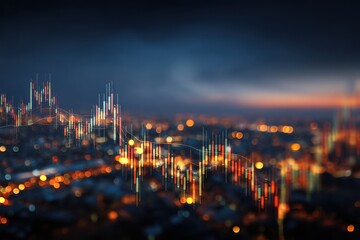 Double exposure of a luminous forex candlestick chart and a bustling urban landscape at twilight, with sharp contrasts and dynamic lighting, creating an atmosphere of high-stakes investment