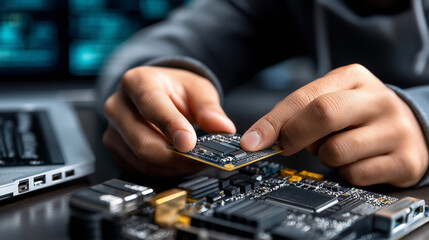 Closeup hacker using, SSD store data, gathered victims spyware, installed systems evil, man inserting hard, drive containing exploit, unauthorized access cybercrime, faceless crimi