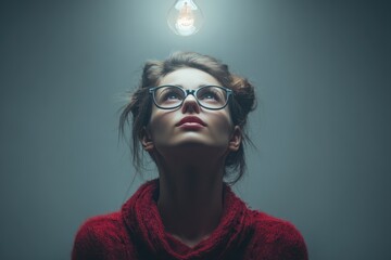 Introspective woman in elegant glasses looks skyward, with a warm light bulb shining above her, surrounded by a minimalist gray background, conveying a sense of discovery