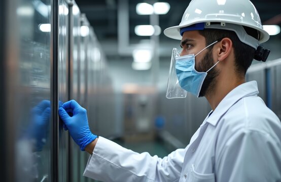 Man in protective gear inspecting production line at food factory. Worker in clean suit looks at machine. Pro industrial employee in lab coat checks equipment. Tech worker examines automated process. - Powered by Adobe